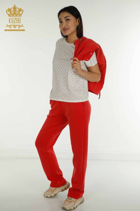 Wholesale Women's Triple Tracksuit Set Red with Button Detail - 17622 | KAZEE