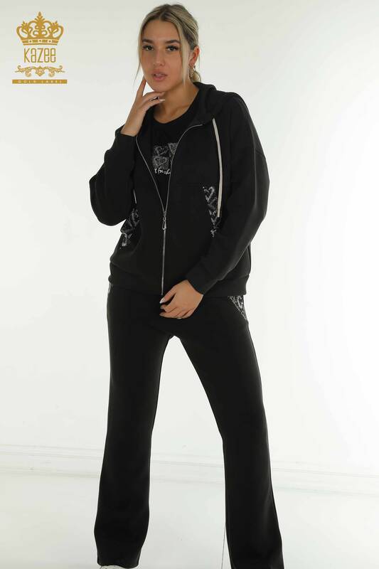 Wholesale Women's Triple Tracksuit Set Hooded Black - 17616 | KAZEE