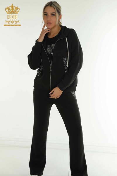 Wholesale Women's Triple Tracksuit Set Hooded Black - 17616 | KAZEE 