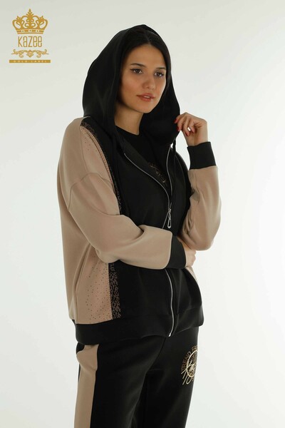 Wholesale Women's Triple Tracksuit Set Hooded Black - 17617 | KAZEE - Thumbnail (2)