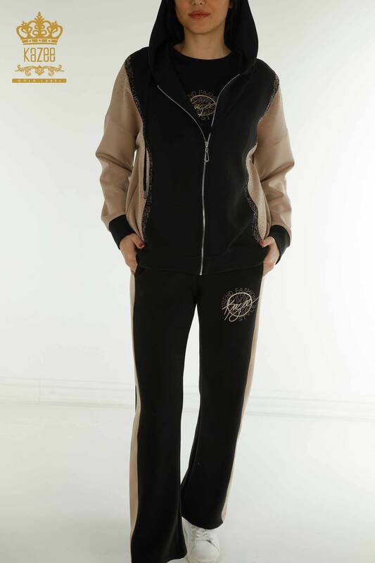 Wholesale Women's Triple Tracksuit Set Hooded Black - 17617 | KAZEE