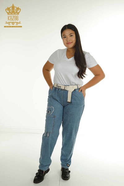 Wholesale Women's Trousers - Belt Detailed - Blue White - 2410-4021 | g - Thumbnail