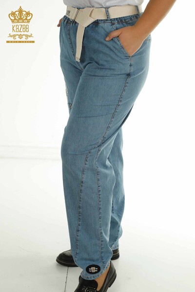 Wholesale Women's Trousers - Belt Detailed - Blue White - 2410-4021 | g - Thumbnail