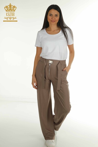 M - Wholesale Women's Trousers Chain Detailed Brown - 2406-4561 | M.