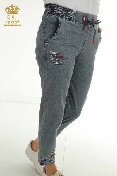 Wholesale Women's Pants - Written - Blue - 2411-3101 | O - Thumbnail
