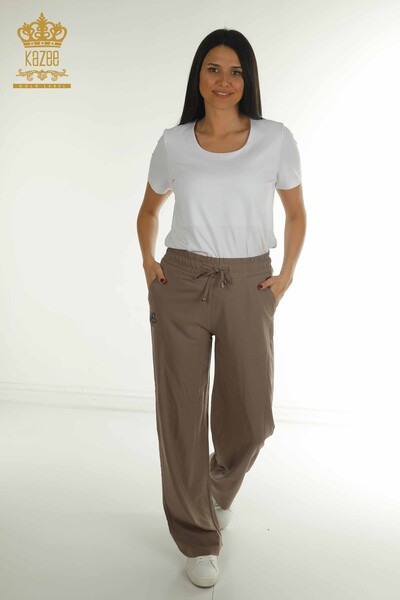 Wholesale Women's Trousers Stone Embroidered Brown - 2406-4559 | M. - Thumbnail