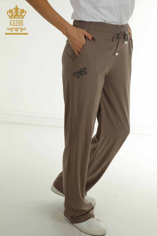 Wholesale Women's Trousers Stone Embroidered Brown - 2406-4559 | M.