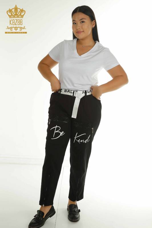 Wholesale Women's Trousers - Text Detailed - Black and White - 2410-4048 | G