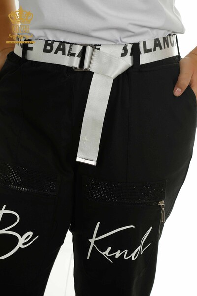 Wholesale Women's Trousers - Text Detailed - Black and White - 2410-4048 | G - Thumbnail