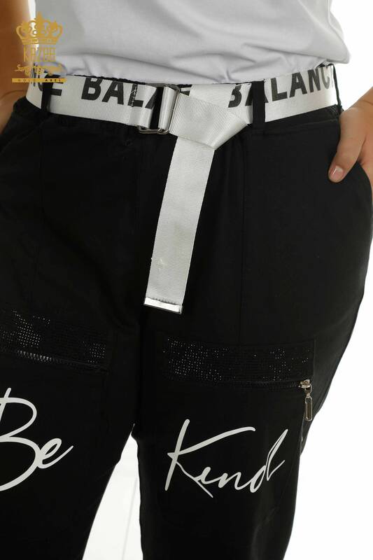 Wholesale Women's Trousers - Text Detailed - Black and White - 2410-4048 | G