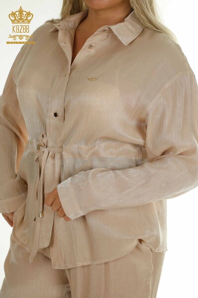 Wholesale Women's Two-piece Suit with Button Detail Beige - 2407-4523 | A - Thumbnail