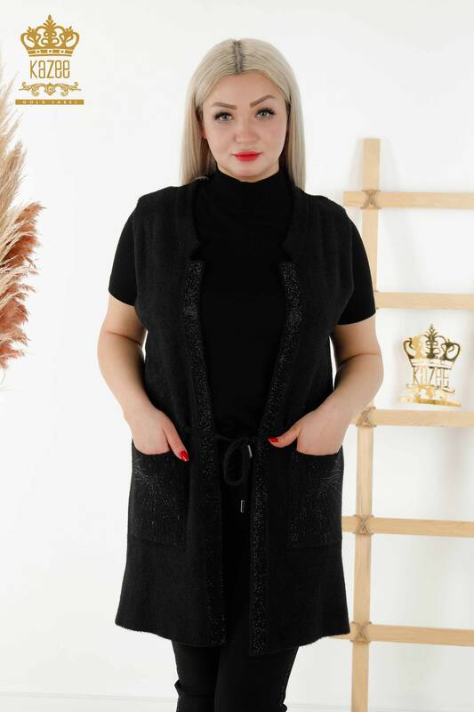 Wholesale Women's Waistcoat - Stone Embroidered - Tied Rope - Black - 30244 | KAZEE