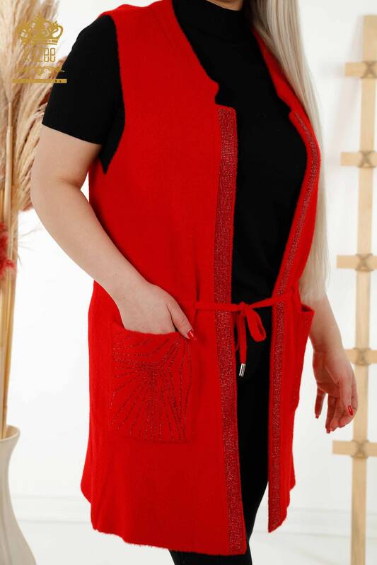 Wholesale Women's Waistcoat - Stone Embroidered - Tied Rope - Red - 30244 | KAZEE