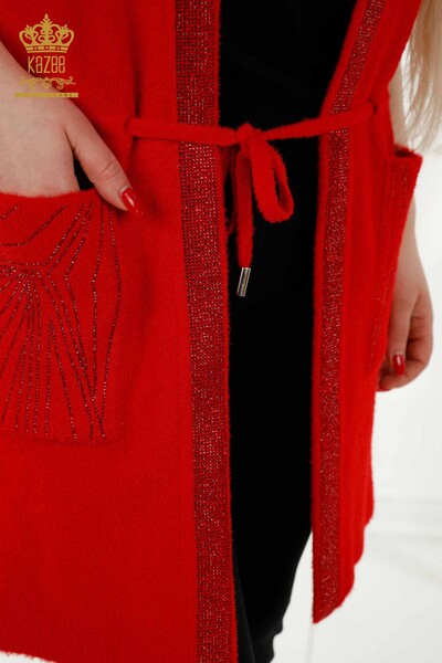 Wholesale Women's Waistcoat - Stone Embroidered - Tied Rope - Red - 30244 | KAZEE - Thumbnail