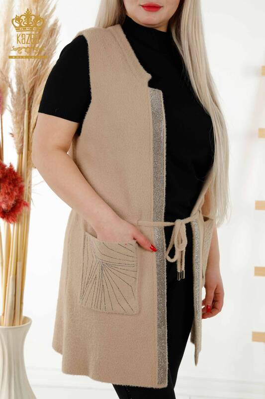 Wholesale Women's Waistcoat - Stone Embroidered - Tied Thread - Beige - 30244 | KAZEE