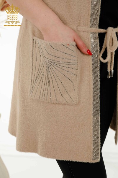 Wholesale Women's Waistcoat - Stone Embroidered - Tied Thread - Beige - 30244 | KAZEE - Thumbnail
