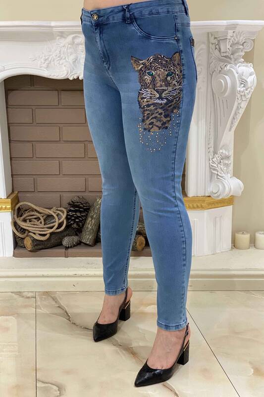 Wholesale Women's Trousers With Crystal Stone Tiger Detail - 3309 | KAZEE