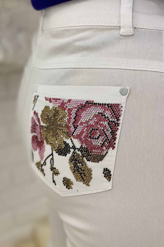 Wholesale Women's Trousers Pockets Zippered Stone Embroidered - 3279 | KAZEE