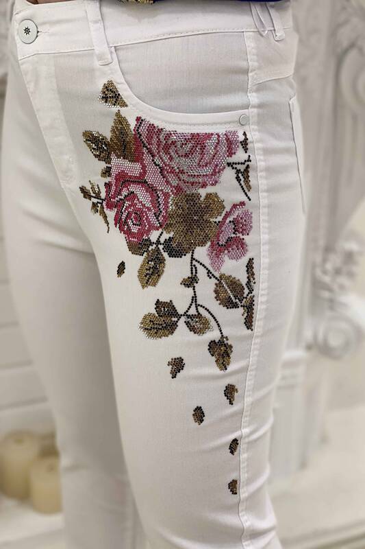 Wholesale Women's Trousers Pockets Zippered Stone Embroidered - 3279 | KAZEE