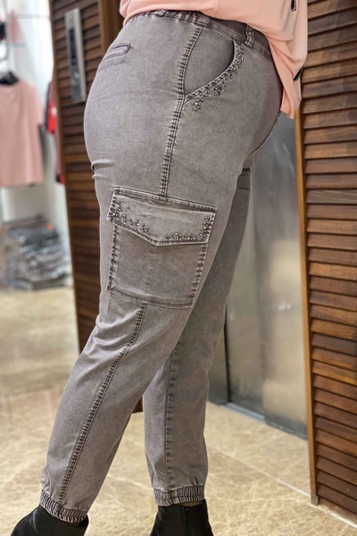Wholesale Women's Trousers with Stone Embroidered Cargo Pocket - 3220 | KAZEE - Thumbnail