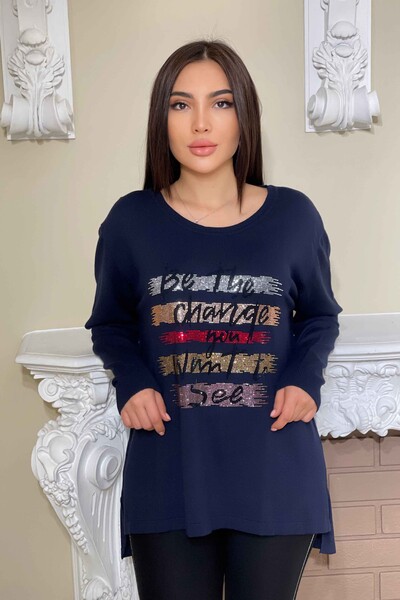 Toptan Kadın Triko Kazak Renkli Taş İşlemeli Yazılı - 16012 | KAZEE - Thumbnail