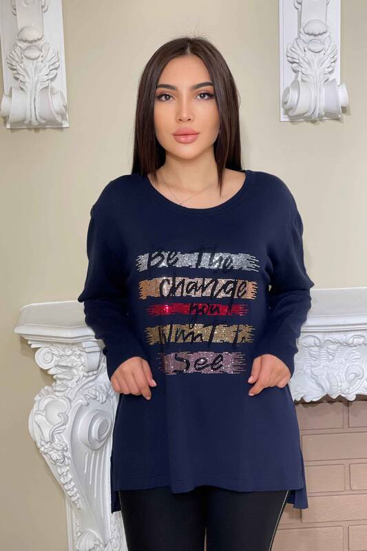 Toptan Kadın Triko Kazak Renkli Taş İşlemeli Yazılı - 16012 | KAZEE