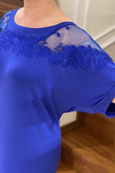 Toptan Kadın Bluz Tül Detaylı Yarasa Kol - 77468 | Kazee - Thumbnail
