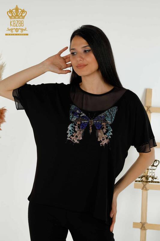 женская блузка оптом - с рисунком бабочки - черный - 79103 | КАZEE