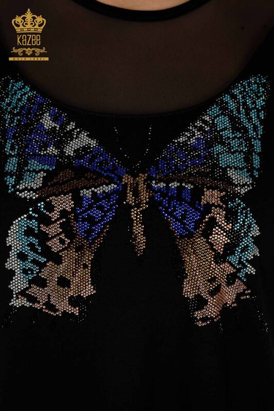 женская блузка оптом - с рисунком бабочки - черный - 79103 | КАZEE