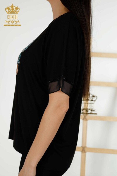 женская блузка оптом - с рисунком бабочки - черный - 79103 | КАZEE - Thumbnail