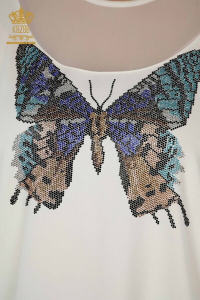 женская блузка оптом - с рисунком бабочки - экрю - 79103 | КАZEE - Thumbnail
