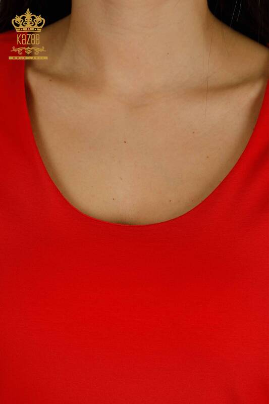 Женская блузка оптом - Базовая - С логотипом - Красная - 79190 | КАZEE