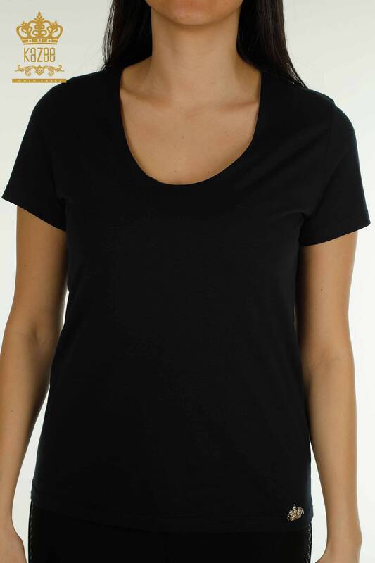 Женская блузка оптом - Базовая - С логотипом - Темно-синяя - 79190 | КАZEE