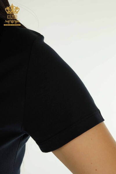 Женская блузка оптом - Базовая - С логотипом - Темно-синяя - 79190 | КАZEE - Thumbnail
