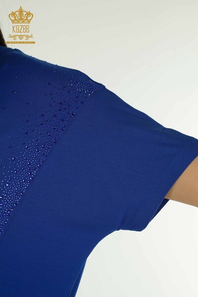 женская блузка оптом - два кармана - с коротким рукавом - электрический - 79293 | КАZEE - Thumbnail
