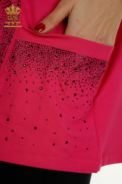 женская блузка оптом - два кармана - с коротким рукавом - фуксия - 79293 | КАZEE - Thumbnail