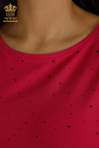 женская блузка оптом - два кармана - с коротким рукавом - фуксия - 79293 | КАZEE - Thumbnail