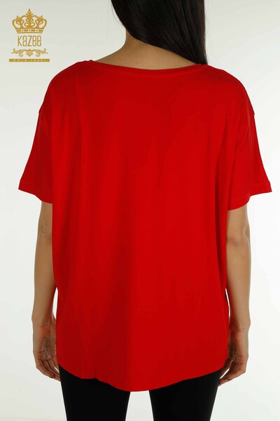 женская блузка оптом - два кармана - с коротким рукавом - красная - 79293 | КАZEE - Thumbnail