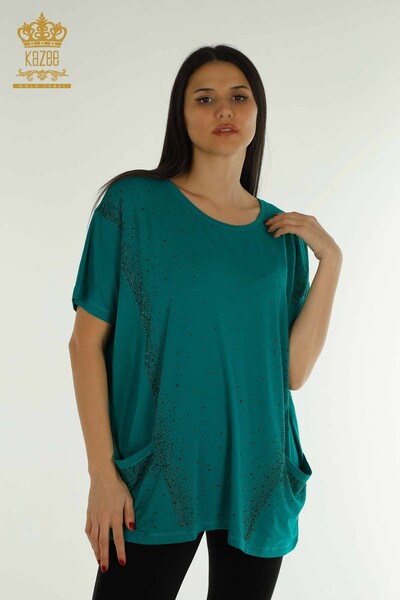 женская блузка оптом - два кармана - с коротким рукавом - зеленый - 79293 | КАZEE - Thumbnail