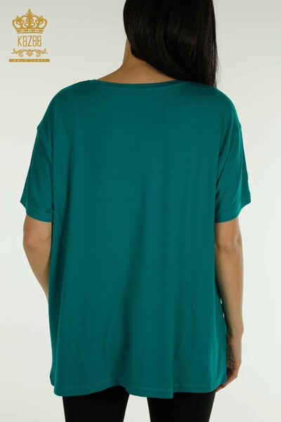 женская блузка оптом - два кармана - с коротким рукавом - зеленый - 79293 | КАZEE - Thumbnail