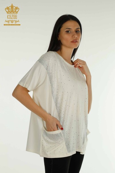 Женская блузка оптом - Два кармана - Короткий рукав - Экрю - 79293 | КАZEE - Thumbnail