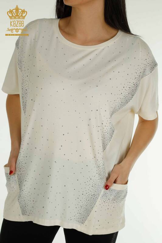 Женская блузка оптом - Два кармана - Короткий рукав - Экрю - 79293 | КАZEE