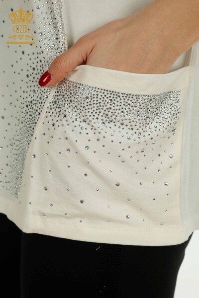 Женская блузка оптом - Два кармана - Короткий рукав - Экрю - 79293 | КАZEE - Thumbnail