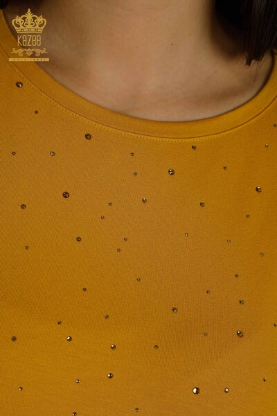 женская блузка оптом - два кармана - с коротким рукавом - шафран - 79293 | КАZEE - Thumbnail