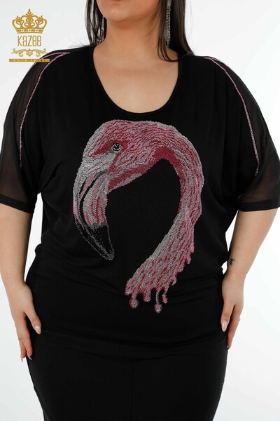женская блузка оптом с рисунком фламинго черного цвета - 78864 | КАZEE - Thumbnail