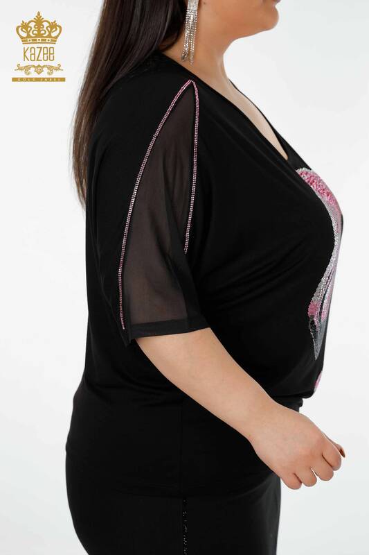 женская блузка оптом с рисунком фламинго черного цвета - 78864 | КАZEE