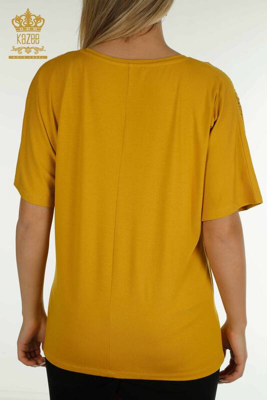 Женская блузка оптом - Вышитая камнем - Шафран - 79097 | КАZEE
