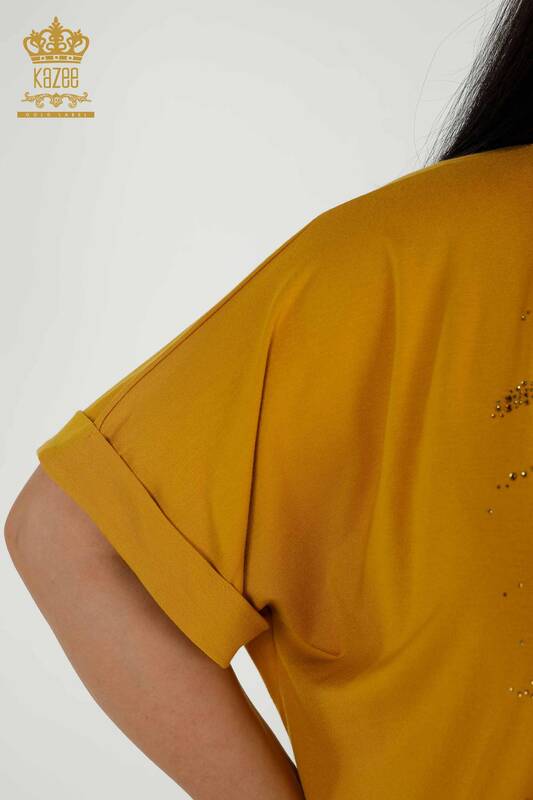 Женская блузка оптом - Вышитая камнем - Шафран - 79321 | КАZEE