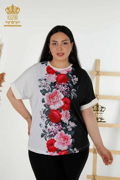 Женская блузка оптом - Вышитая камнем - Цифровая - 12080 | КАZEE - Thumbnail