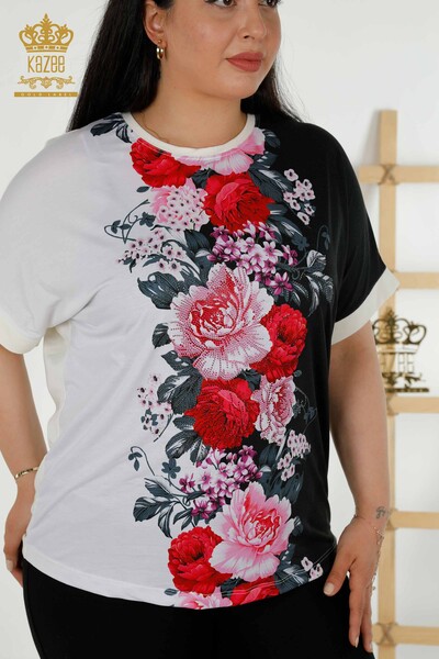 Женская блузка оптом - Вышитая камнем - Цифровая - 12080 | КАZEE - Thumbnail